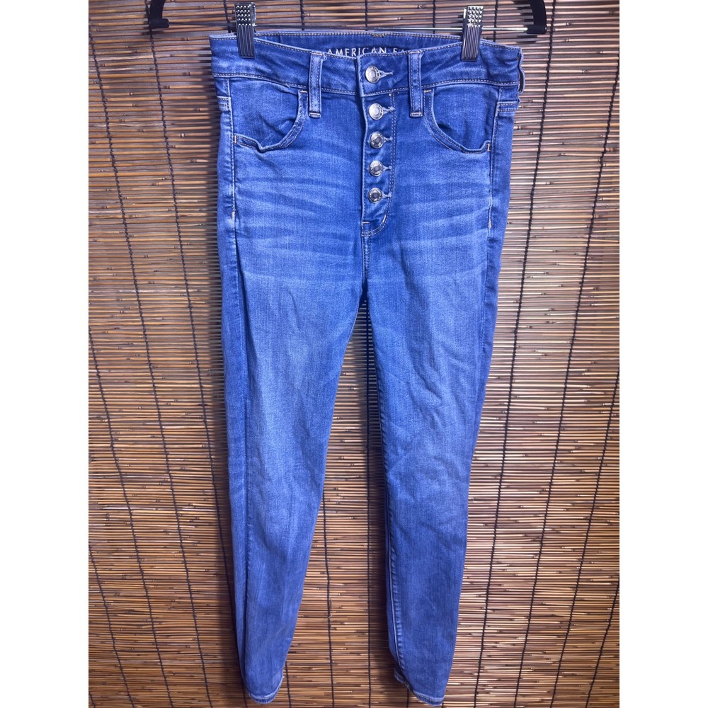 American Eagle 4 Short Super Hi-Rise Jegging Blue Button Fly Cotton Blend
